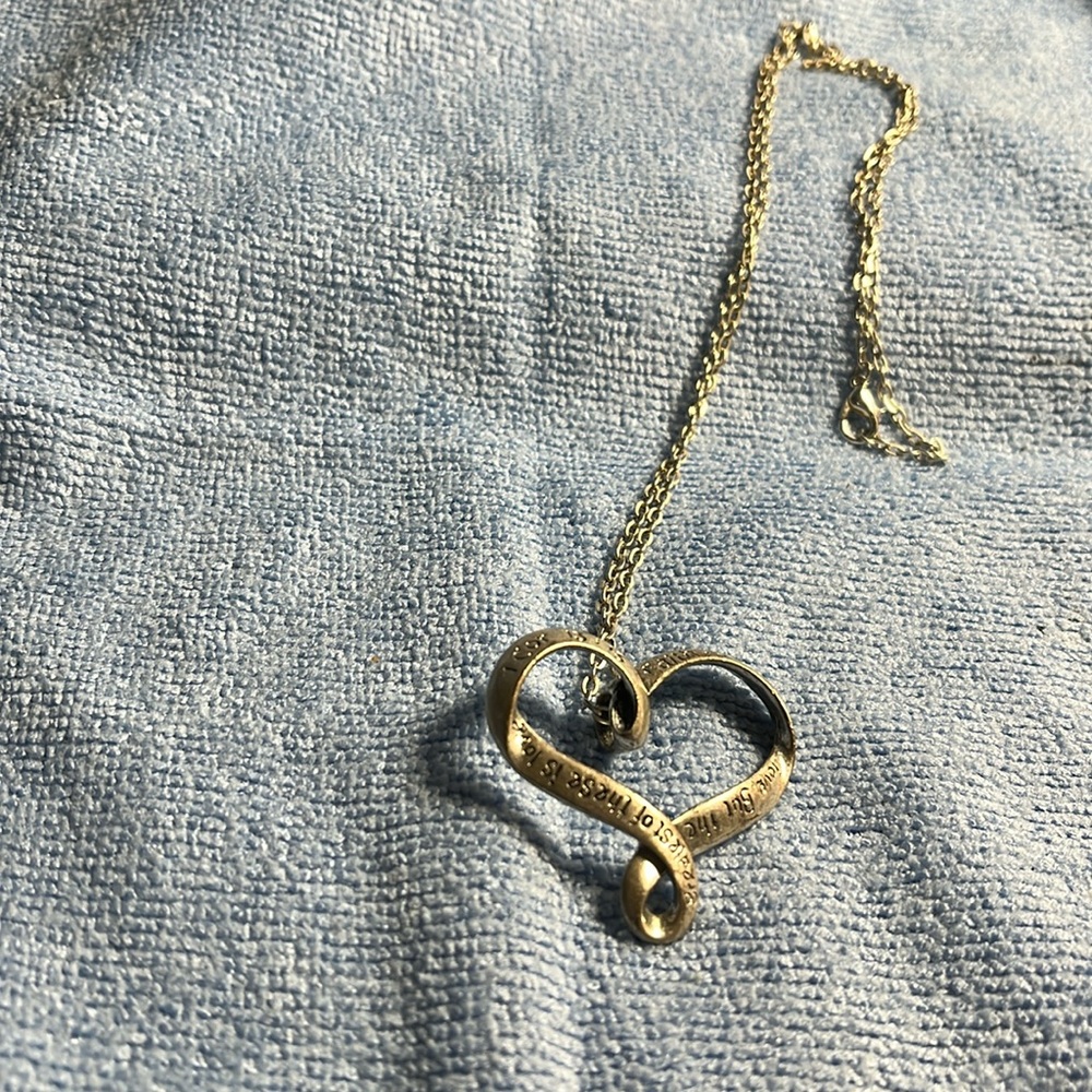 Necklace heart Corinthians 13:13. Greatest of these is love. Silvertone heart.